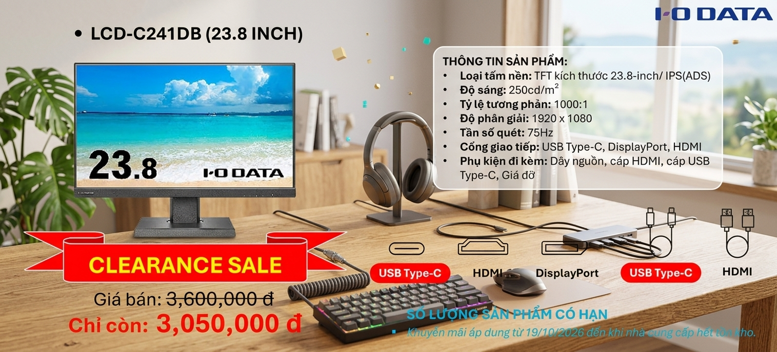 [CLEARANCE SALE] Màn Hình Máy Tính I-O DATA LCD-C241DB 23.8 Inch USB Type-C Giảm Sốc Chỉ Còn 3.050.000đ